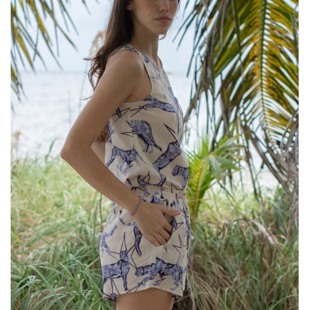 Las Surenas Leopard Stars Blue Linen/Cotton Size S New - Picture 2 of 9